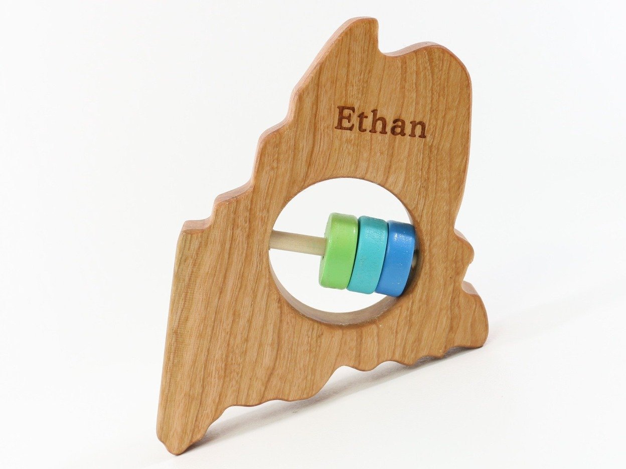 Maine State Wooden Baby Rattle™ with personaliation - Bannor-toys